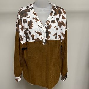 NWOT long sleeve top cow print on top and waffle weave on lower 2/3 of top.